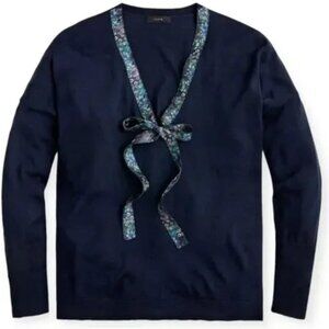 J. CREW x Abigail Borg Sweater Womens Medium Blue Merino Wool‎ Tie-Neck Academia